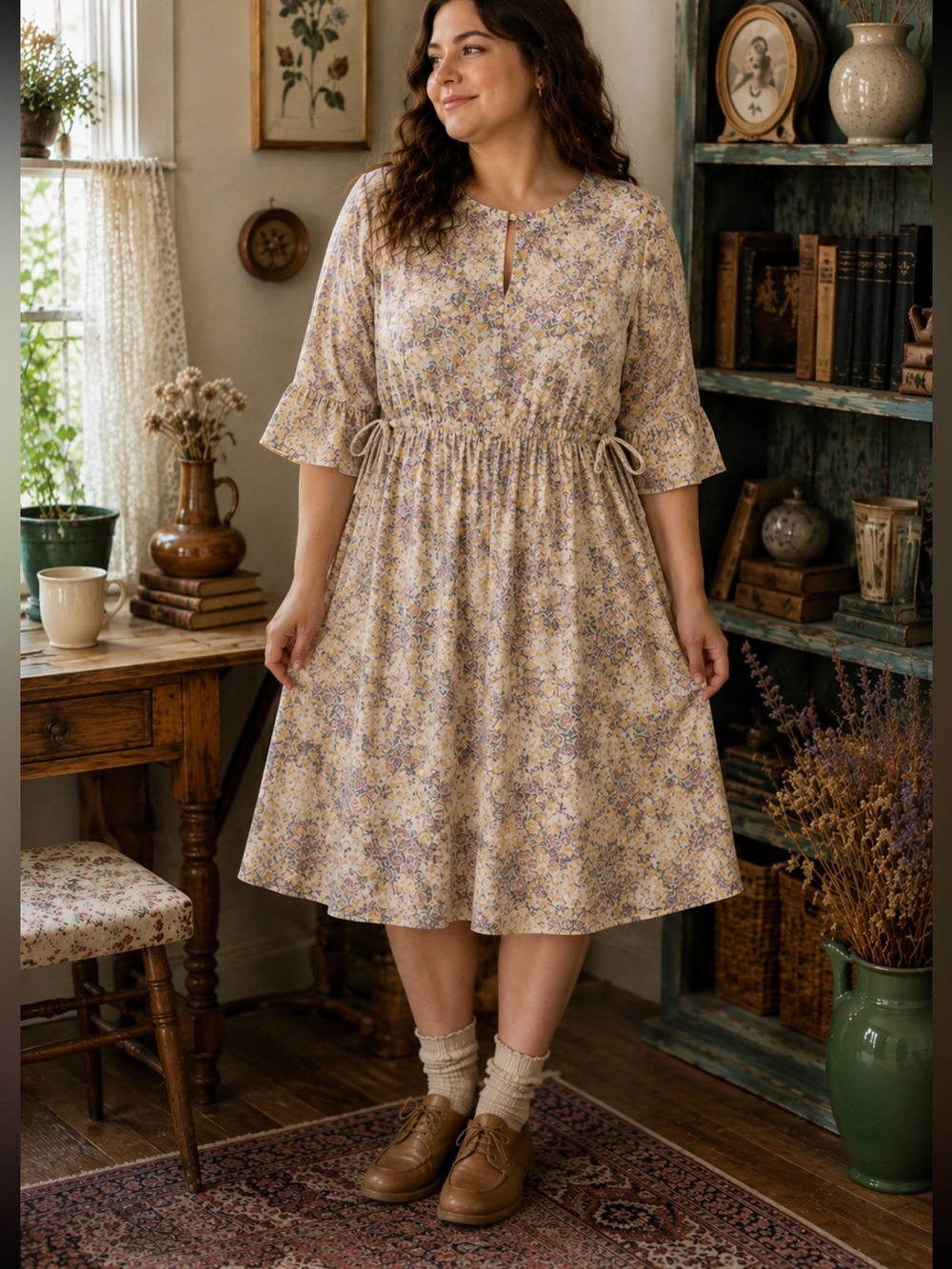H&M Floral Chiffon Drawstring Waist Midi Dress Pastel Watercolor Print